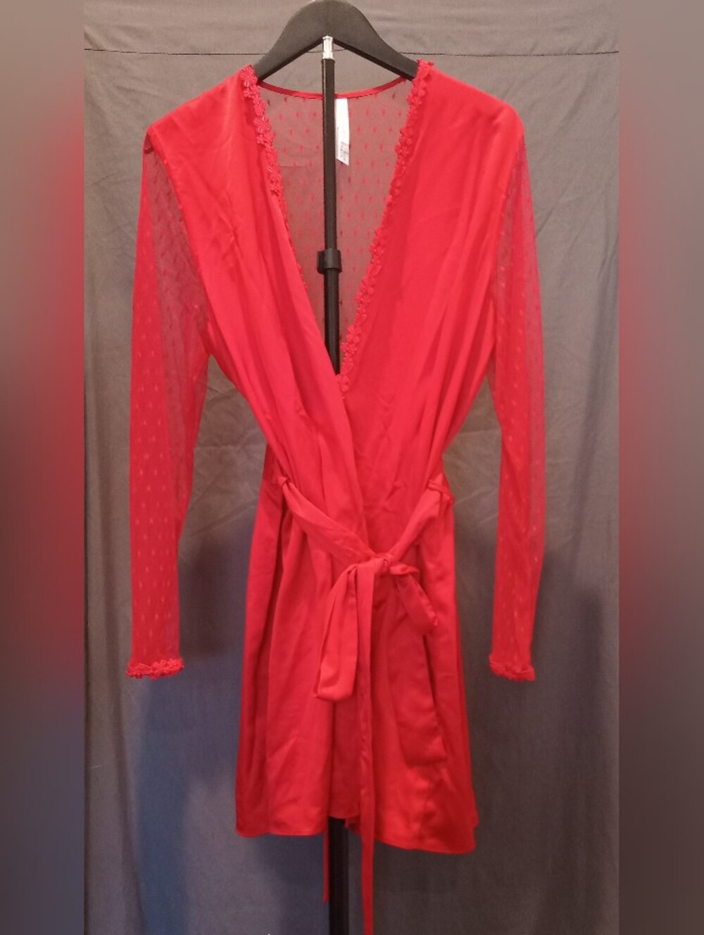 Flora Nikrooz Red Sheer Sleeve Robe Lace Sexy Robe Women's Size L